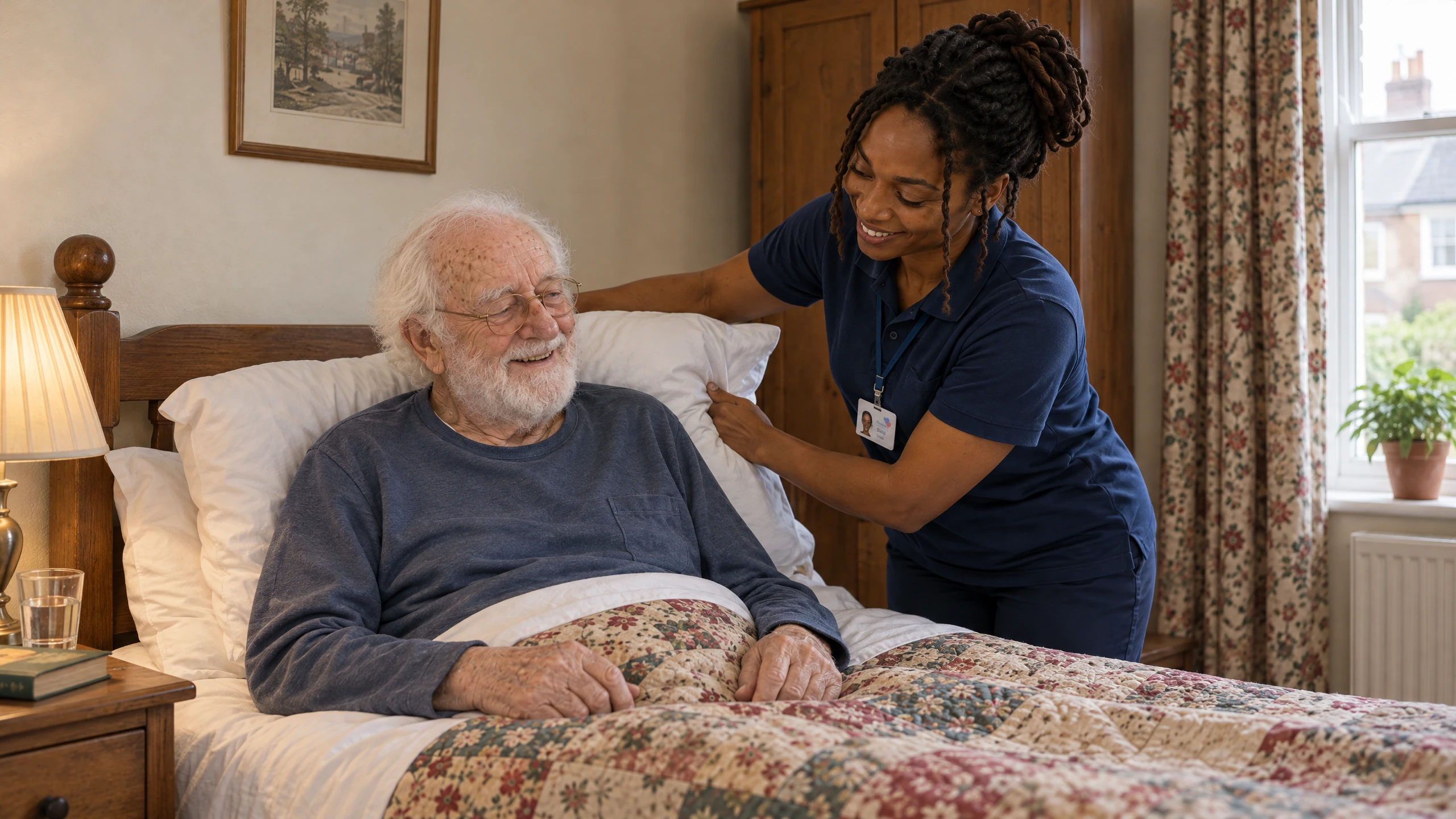 Live-in carer plumping the pillows for an older man resting in bed