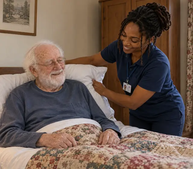 Live-in carer plumping the pillows for an older man resting in bed Live-in carer plumping the pillows for an older man resting in bed