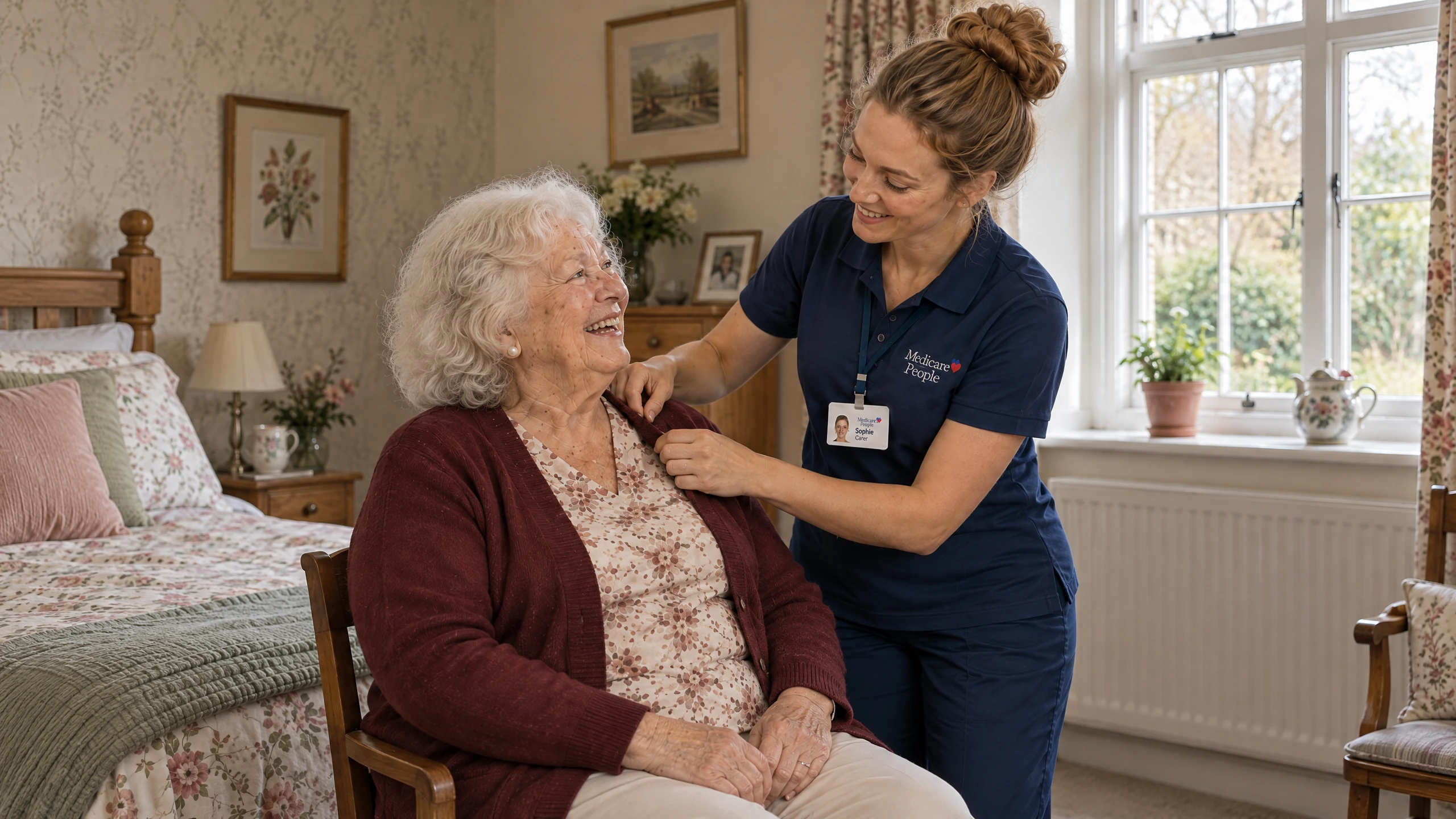 Live-in carer adjusting an older woman's cardigan in her cottage bedroom