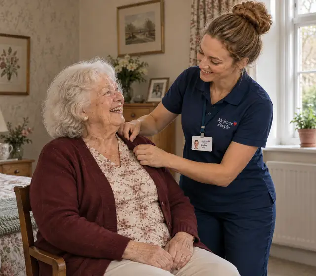 Live-in carer adjusting an older woman's cardigan in her cottage bedroom Live-in carer adjusting an older woman's cardigan in her cottage bedroom
