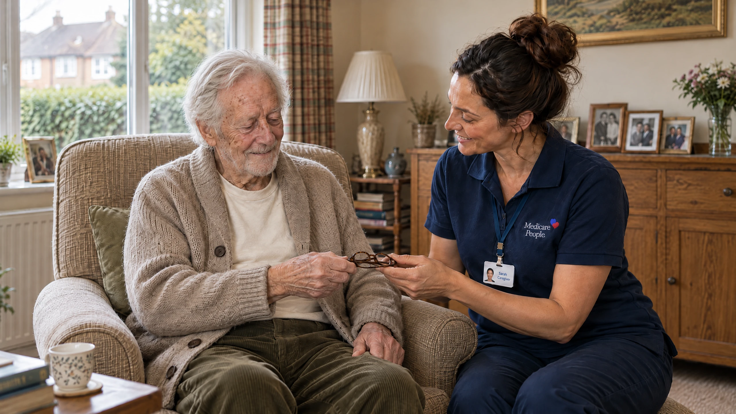 Live-in carer helping an older man with his glasses in his armchair