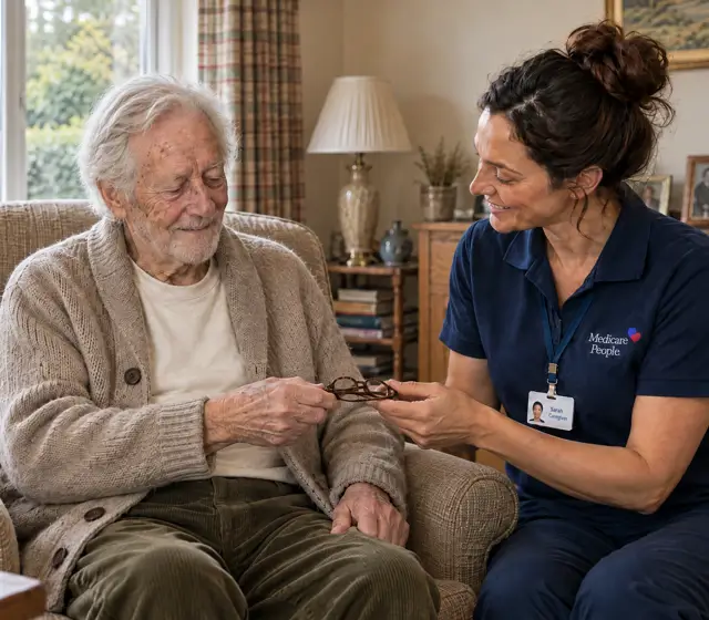 Live-in carer helping an older man with his glasses in his armchair Live-in carer helping an older man with his glasses in his armchair