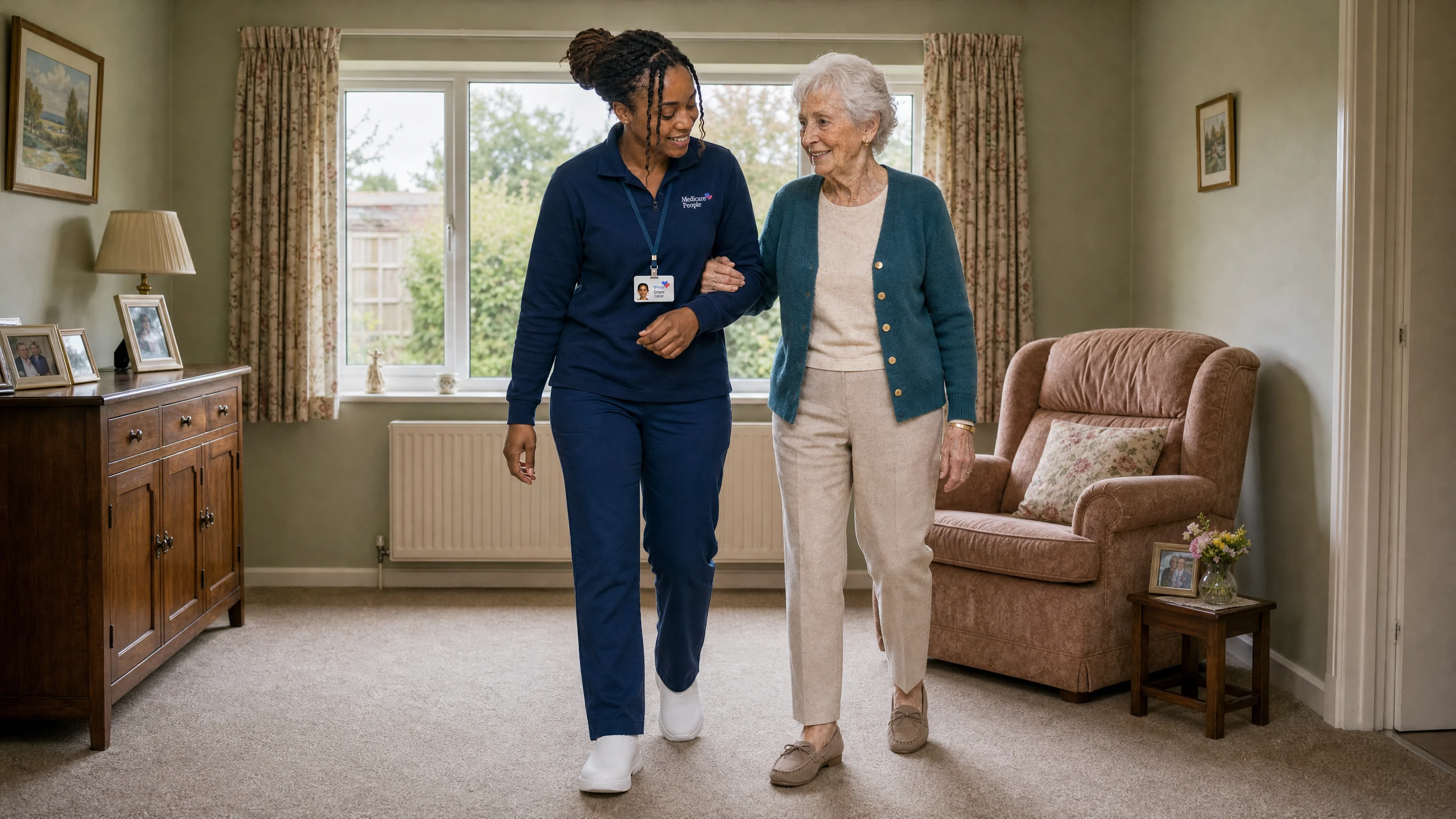 Live-in carer walking arm in arm with an older woman across her living room