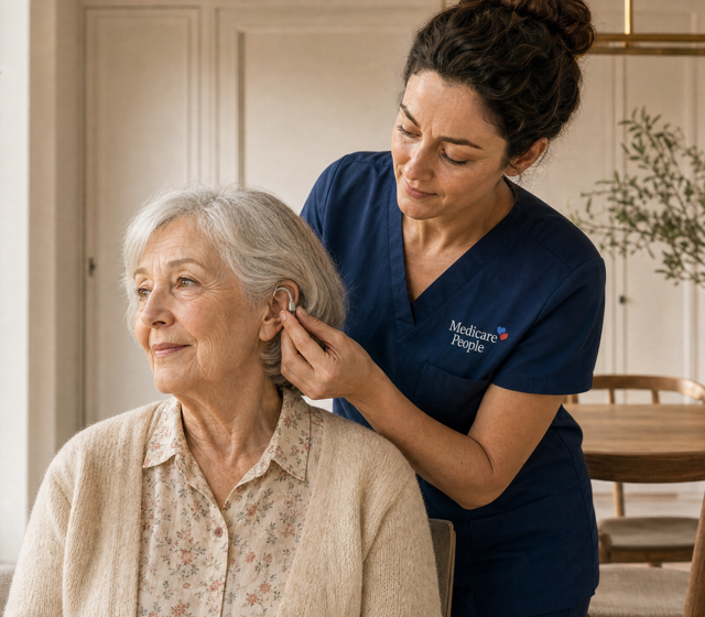 A hearing impairment female carer speaking clearly with a person receiving support at home A hearing impairment female carer speaking clearly with a person receiving support at home