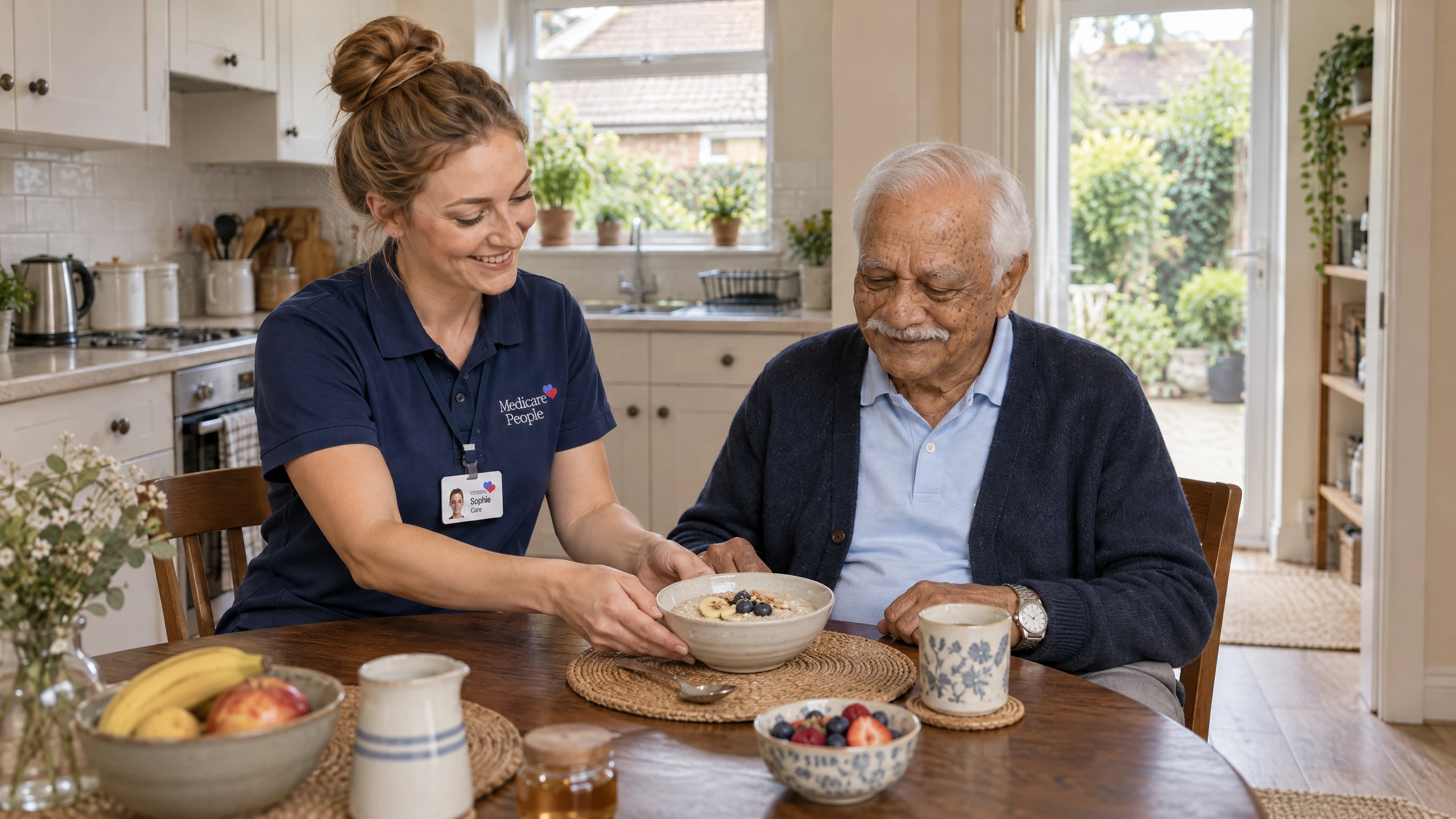 Live-in carer serving breakfast to an older man at his kitchen table in Sutton