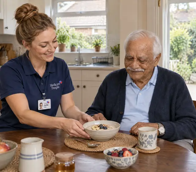 Live-in carer serving breakfast to an older man at his kitchen table in Sutton Live-in carer serving breakfast to an older man at his kitchen table in Sutton
