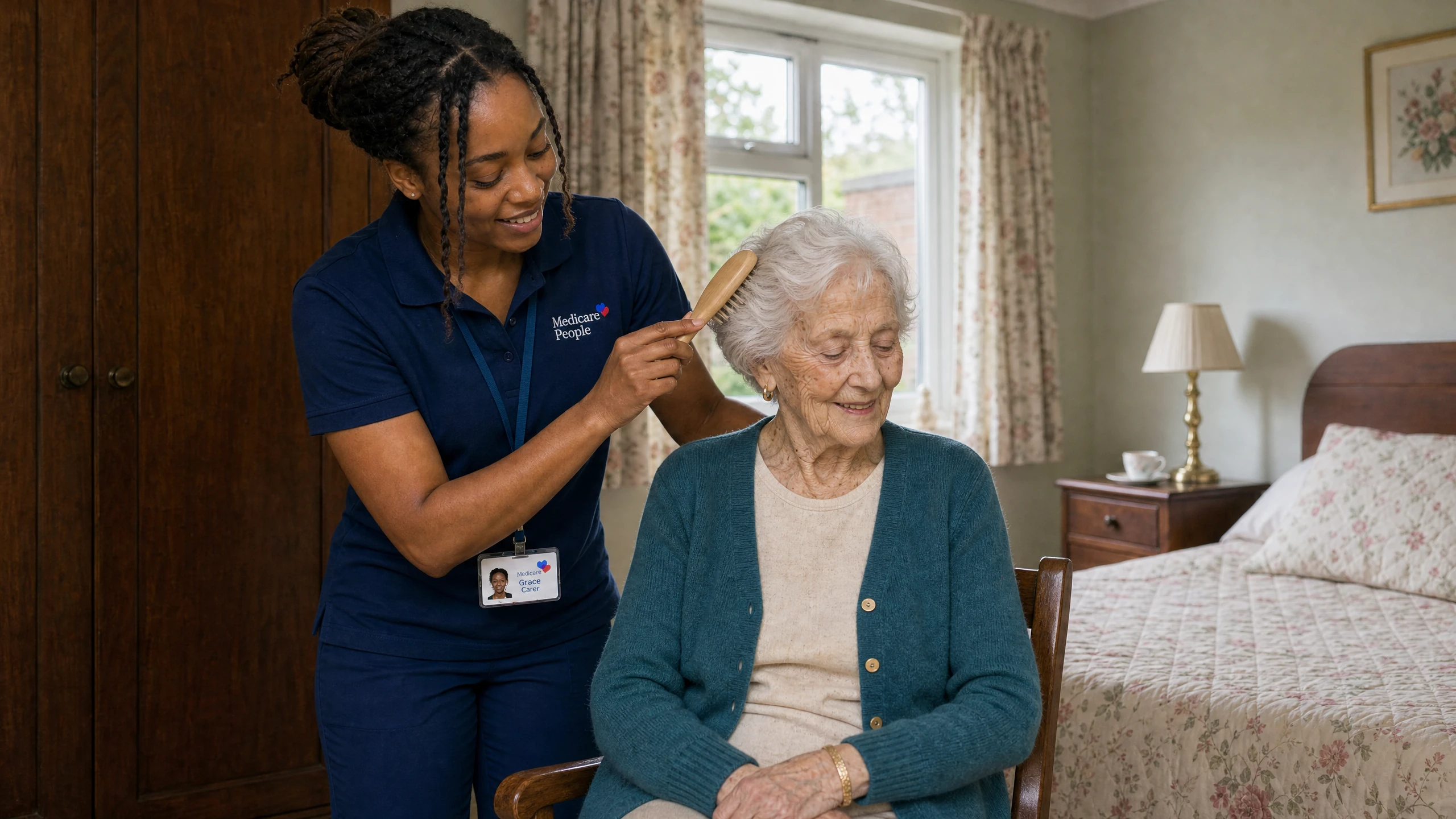 Live-in carer gently brushing an older woman's hair in her bedroom