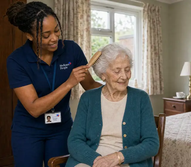 Live-in carer gently brushing an older woman's hair in her bedroom Live-in carer gently brushing an older woman's hair in her bedroom