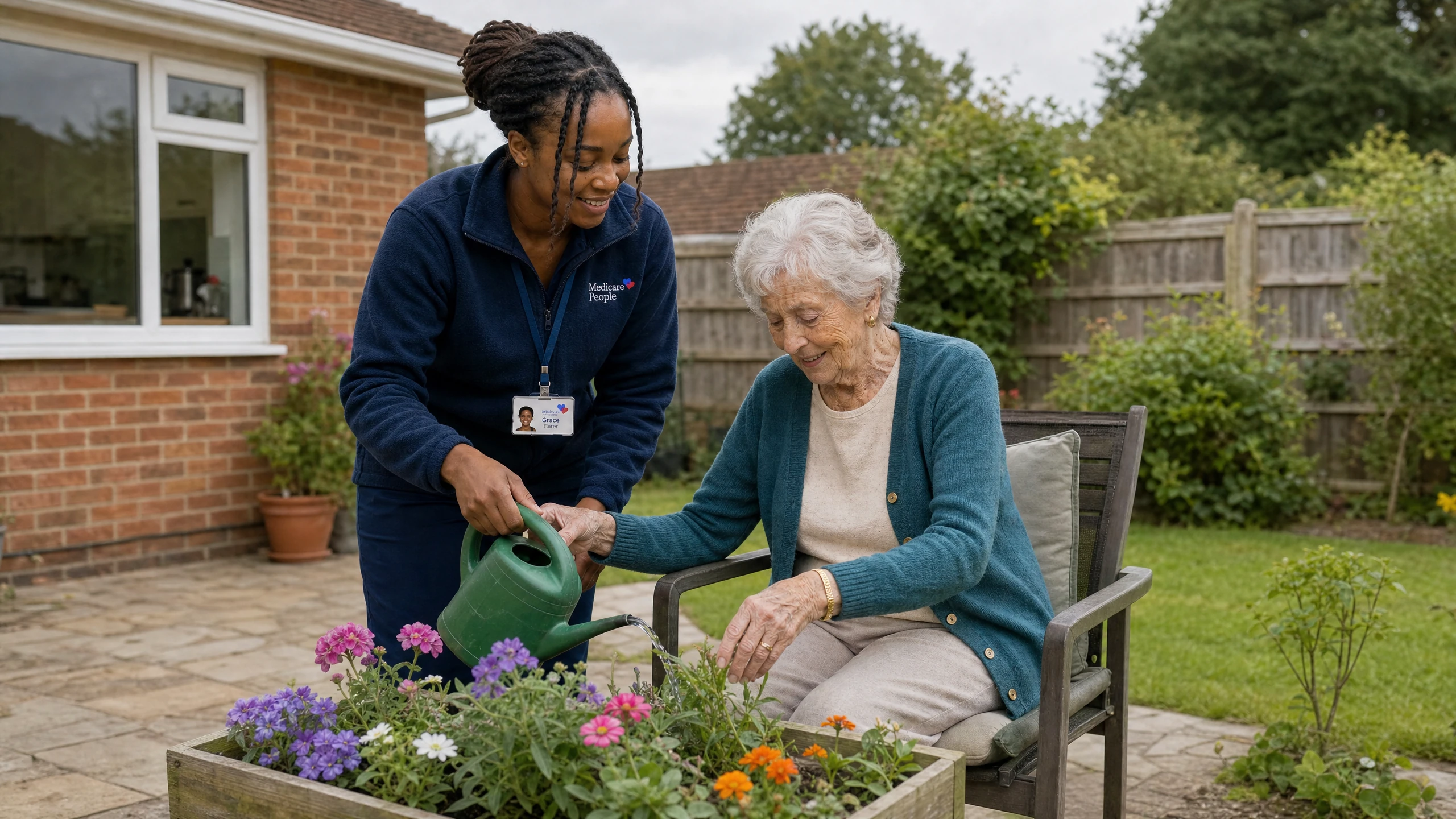 Live-in carer watering a raised flower bed with an older woman in the garden