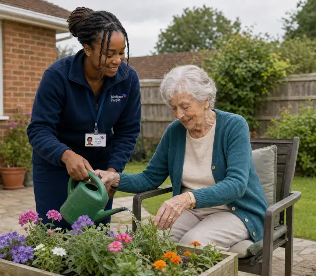 Live-in carer watering a raised flower bed with an older woman in the garden Live-in carer watering a raised flower bed with an older woman in the garden
