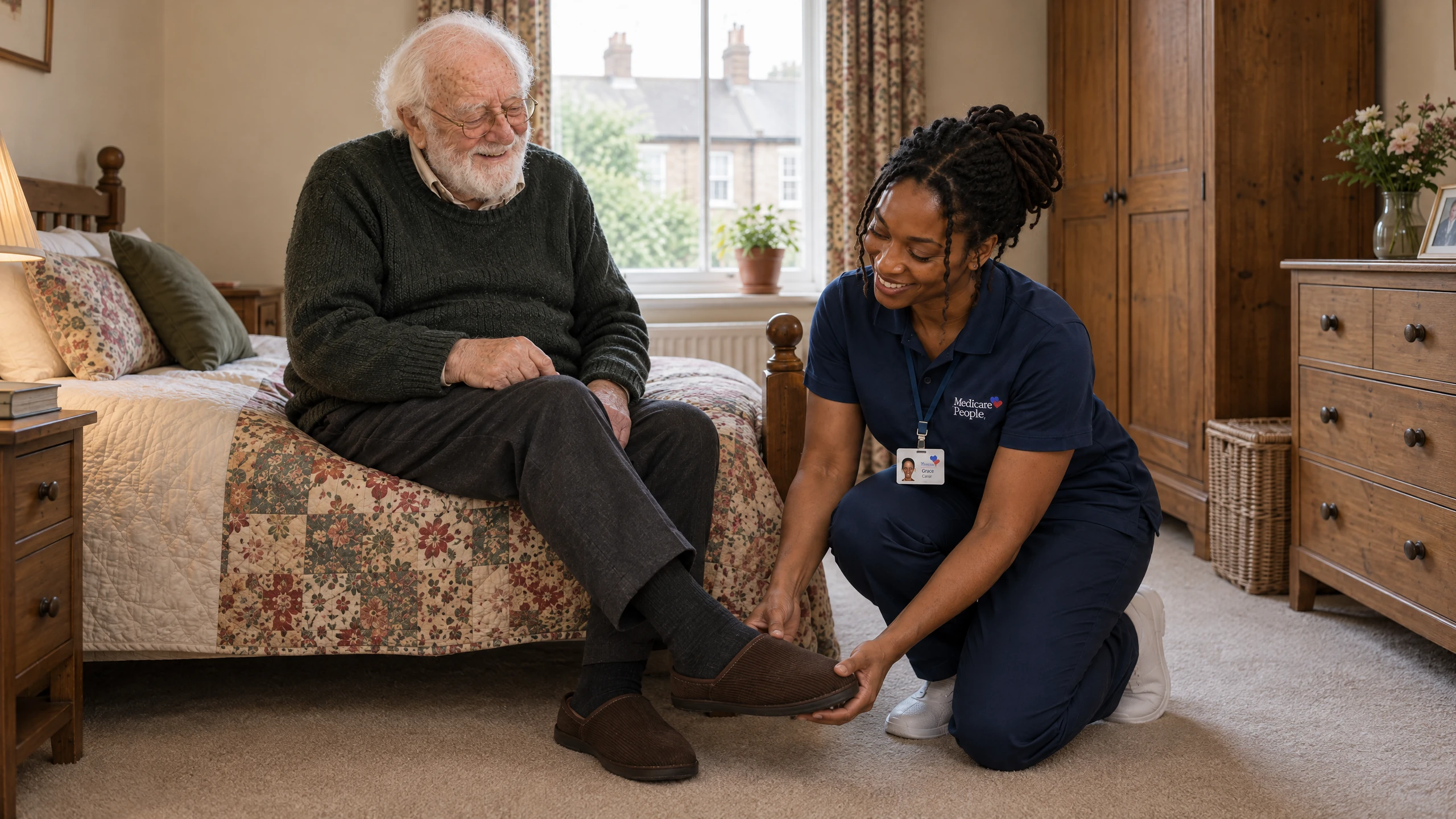 Live-in carer kneeling to help an older man with his slippers by the bed