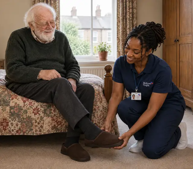 Live-in carer kneeling to help an older man with his slippers by the bed Live-in carer kneeling to help an older man with his slippers by the bed