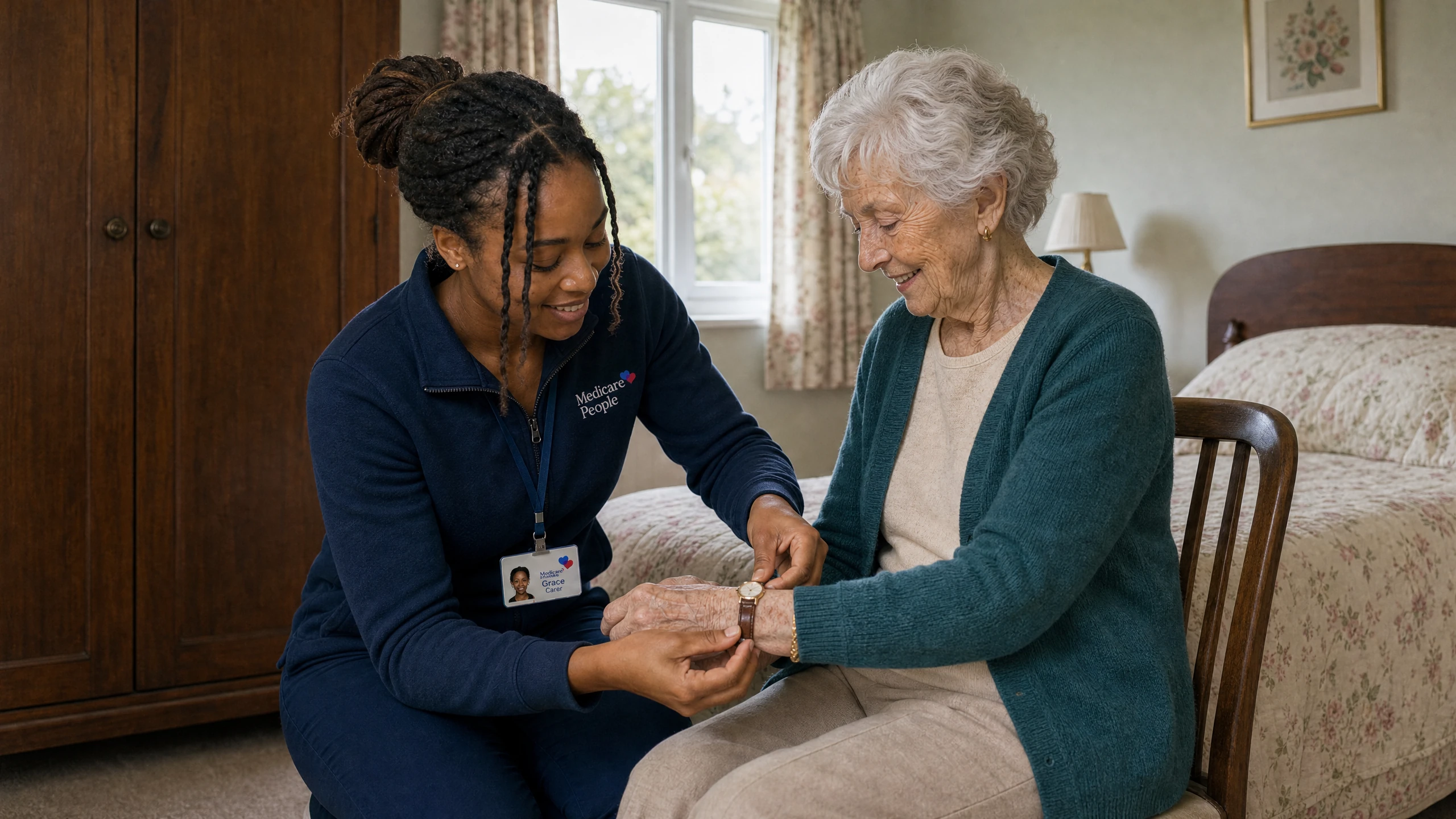 Live-in carer fastening a wristwatch for an older woman in her bedroom