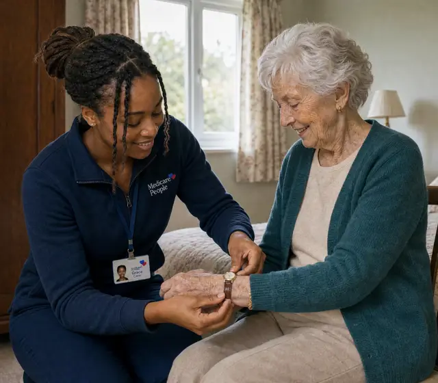 Live-in carer fastening a wristwatch for an older woman in her bedroom Live-in carer fastening a wristwatch for an older woman in her bedroom