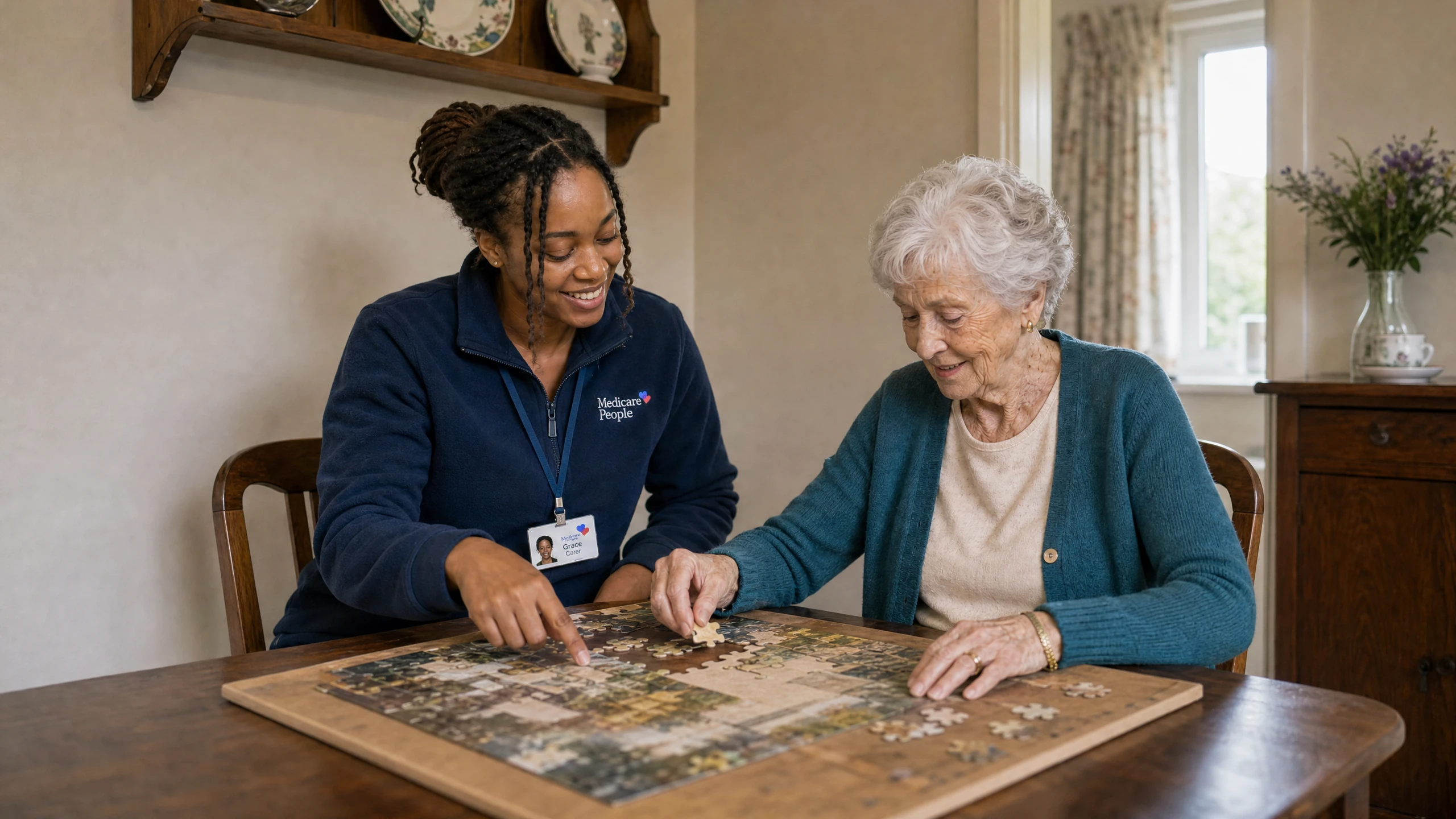 Live-in carer and older woman completing a jigsaw puzzle together at the table