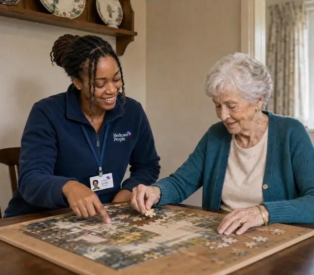 Live-in carer and older woman completing a jigsaw puzzle together at the table Live-in carer and older woman completing a jigsaw puzzle together at the table