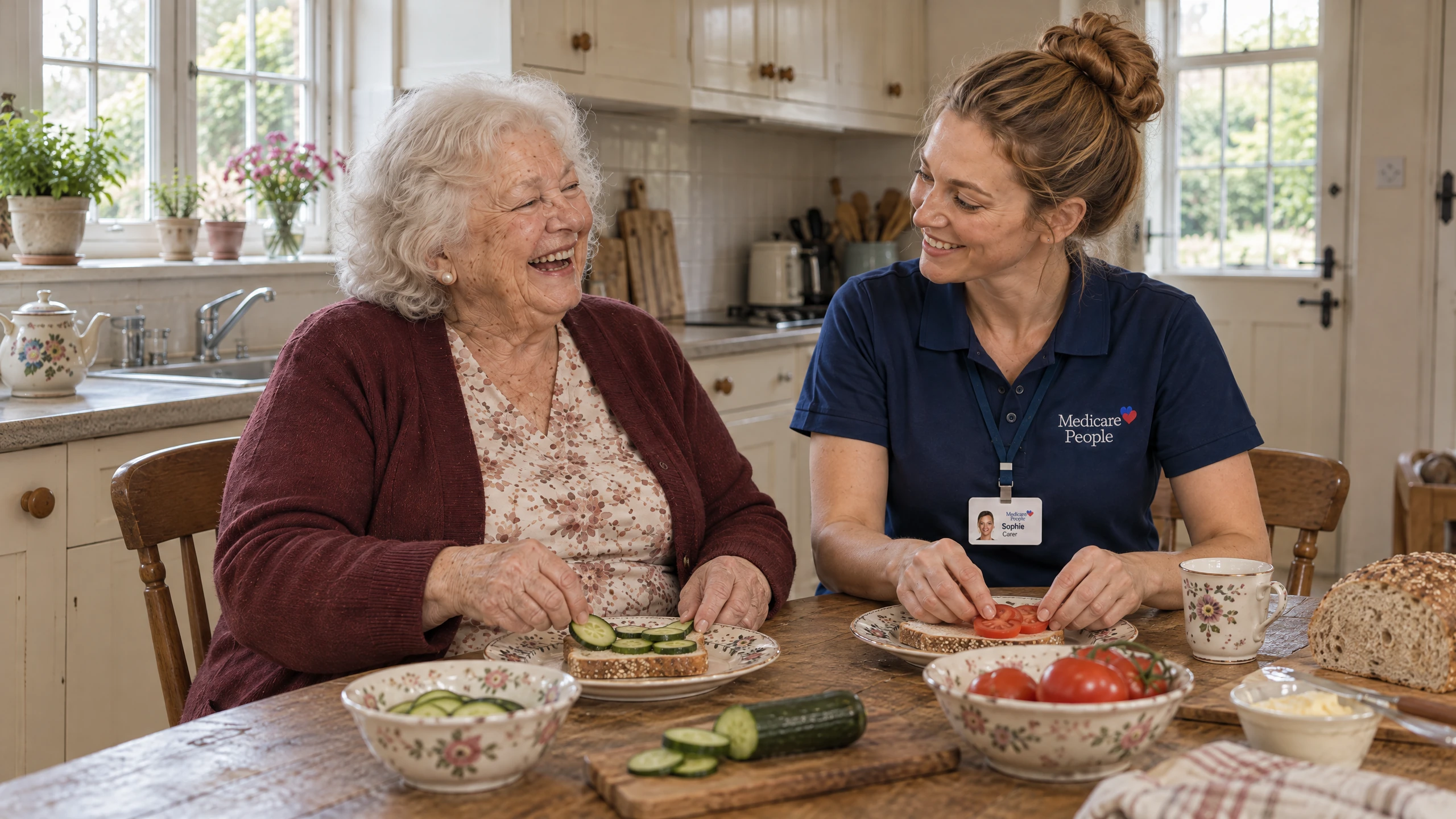 Live-in carer making sandwiches with an older woman at the kitchen table