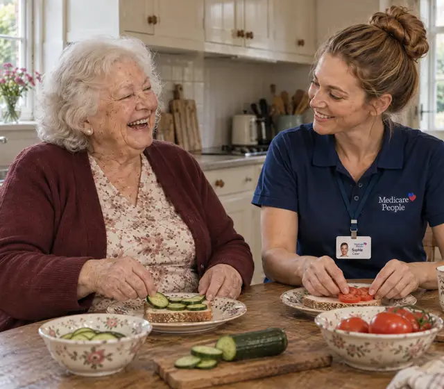 Live-in carer making sandwiches with an older woman at the kitchen table Live-in carer making sandwiches with an older woman at the kitchen table