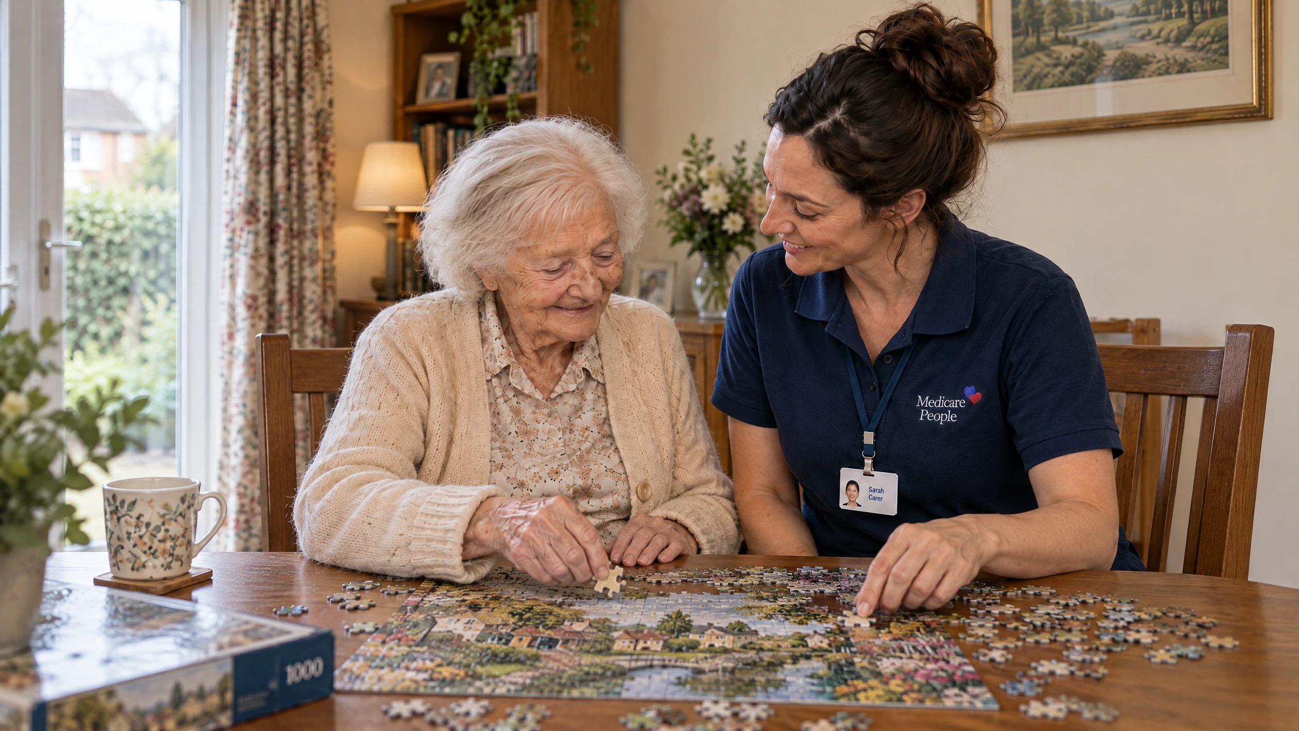 Live-in carer doing a jigsaw puzzle with an older woman at the dining table