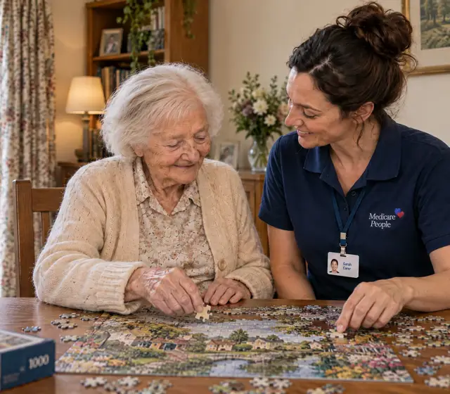 Live-in carer doing a jigsaw puzzle with an older woman at the dining table Live-in carer doing a jigsaw puzzle with an older woman at the dining table