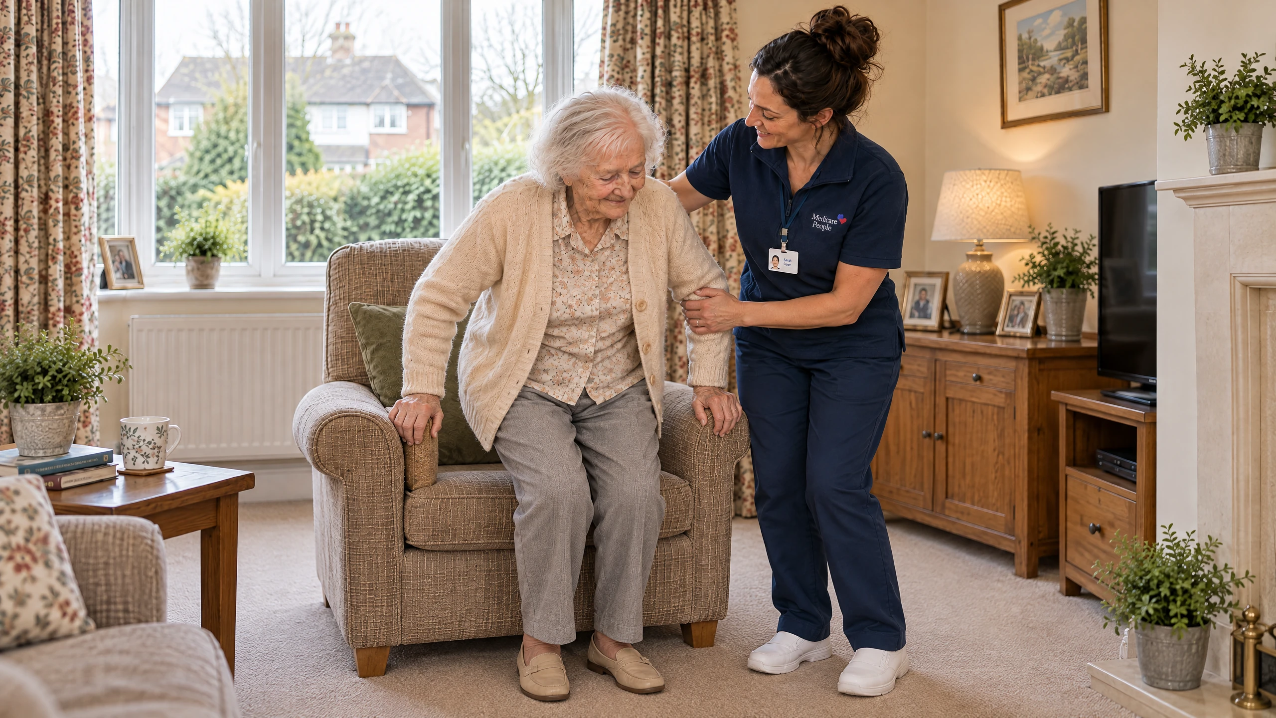 Live-in carer helping an older woman stand up safely from her armchair in Woking