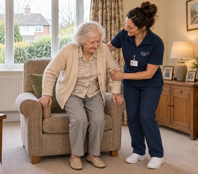 Live-in carer helping an older woman stand up safely from her armchair in Woking Live-in carer helping an older woman stand up safely from her armchair in Woking
