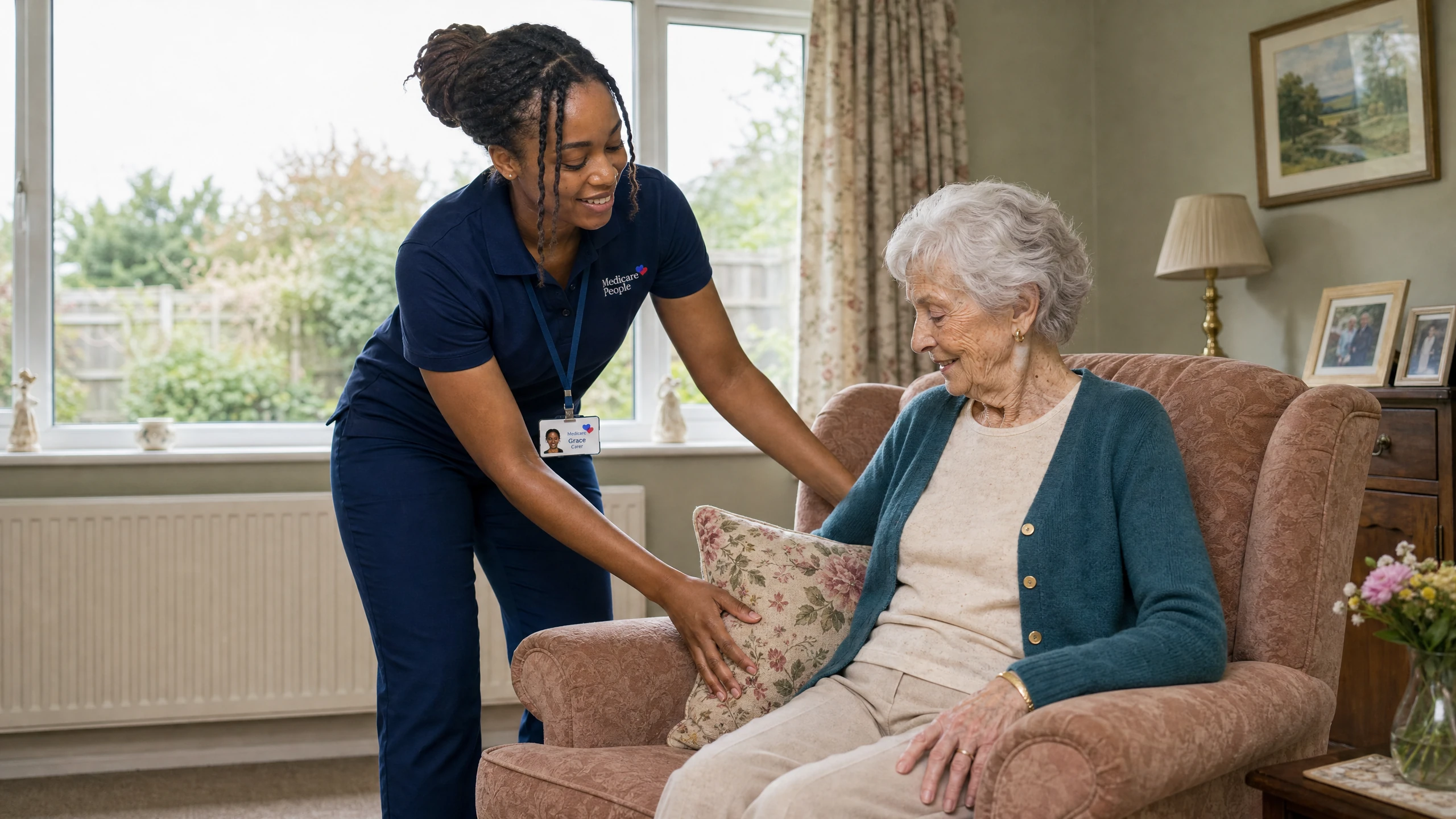 Live-in carer plumping a cushion for an older woman in her armchair