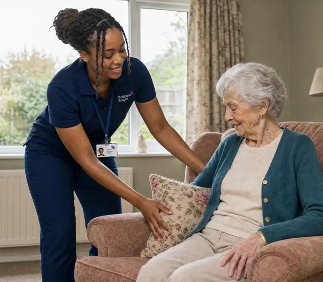 Live-in carer plumping a cushion for an older woman in her armchair Live-in carer plumping a cushion for an older woman in her armchair