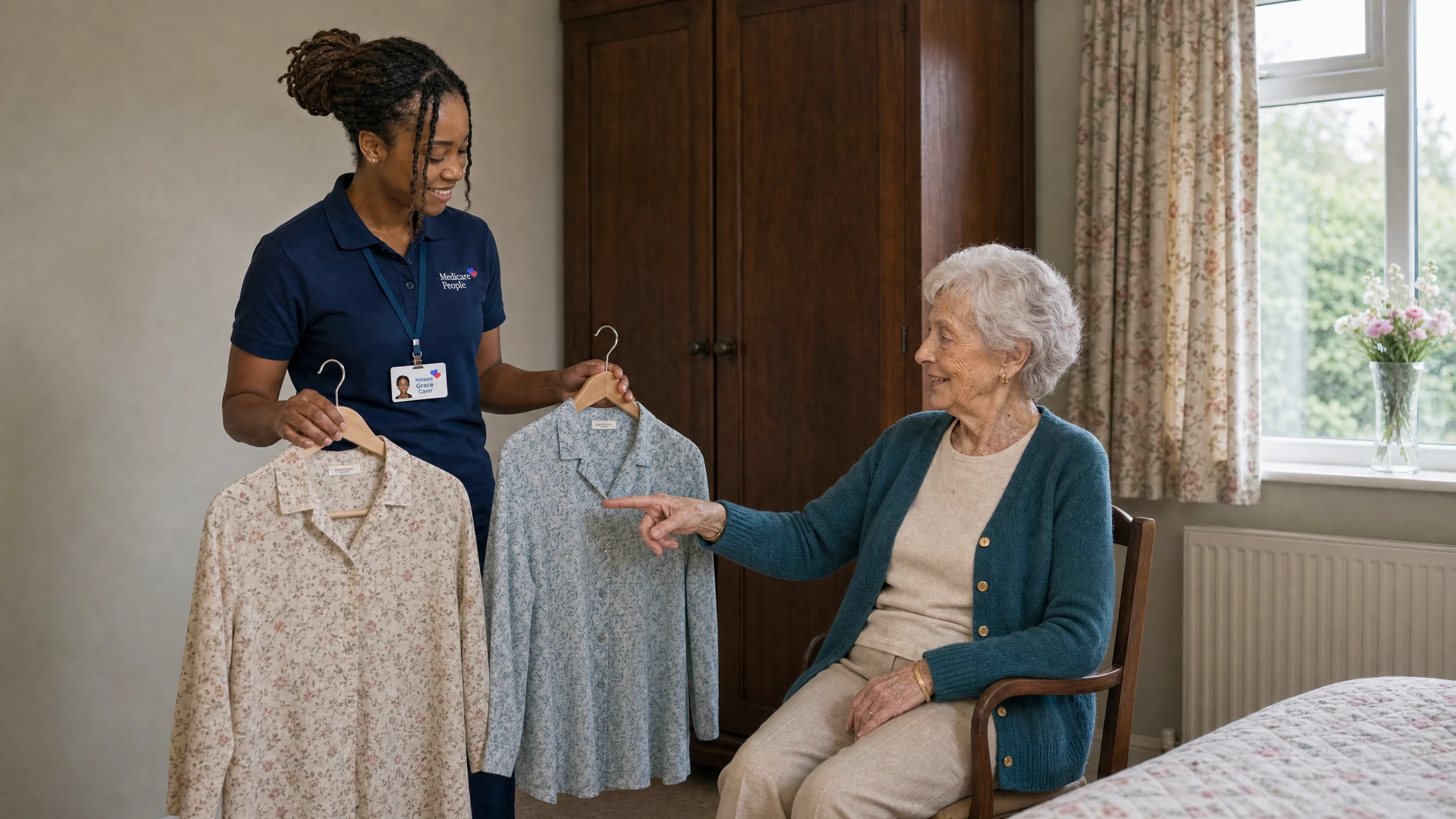 Live-in carer holding up two blouses so an older woman can choose what to wear in Surrey
