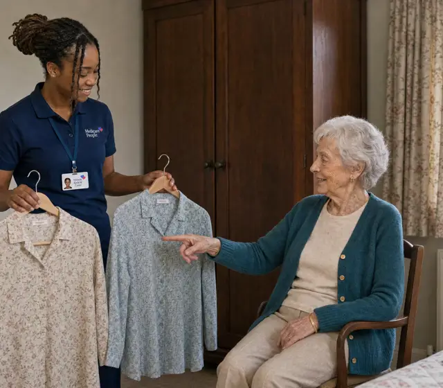 Live-in carer holding up two blouses so an older woman can choose what to wear in Surrey Live-in carer holding up two blouses so an older woman can choose what to wear in Surrey