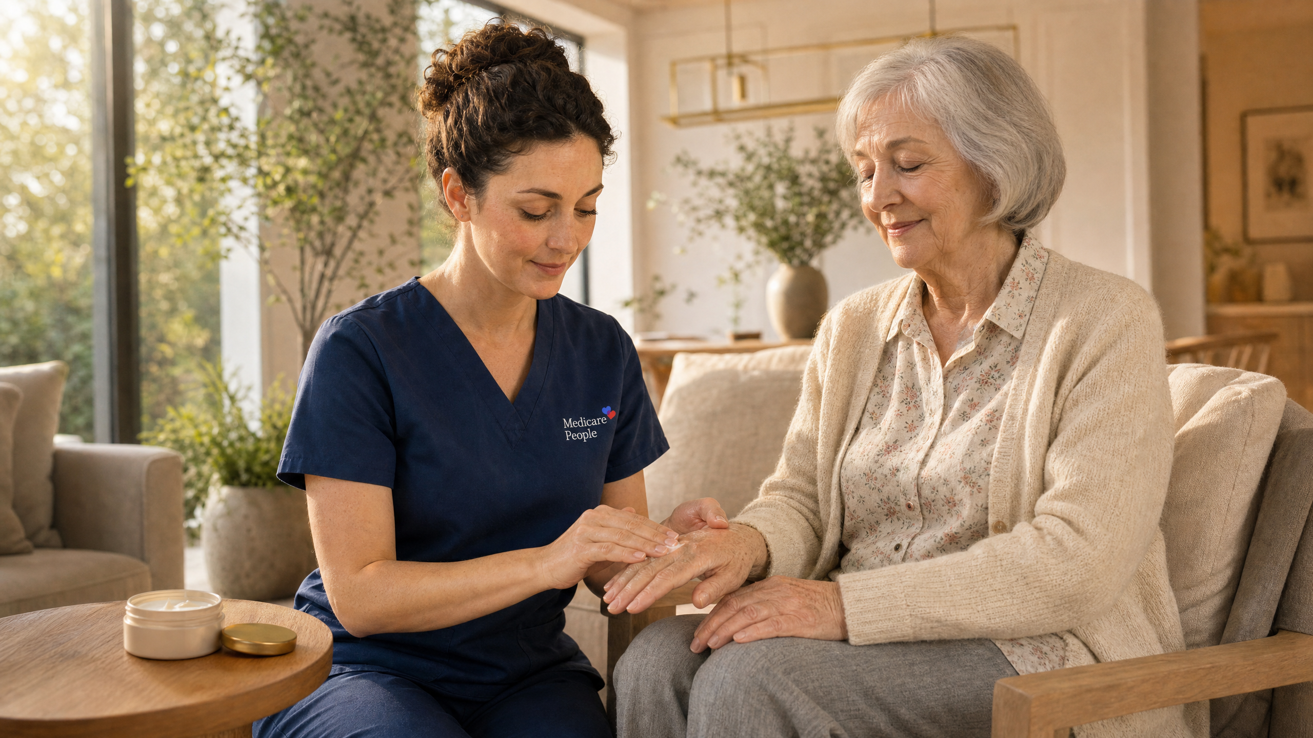 A carer supporting an older person with joint stiffness at home