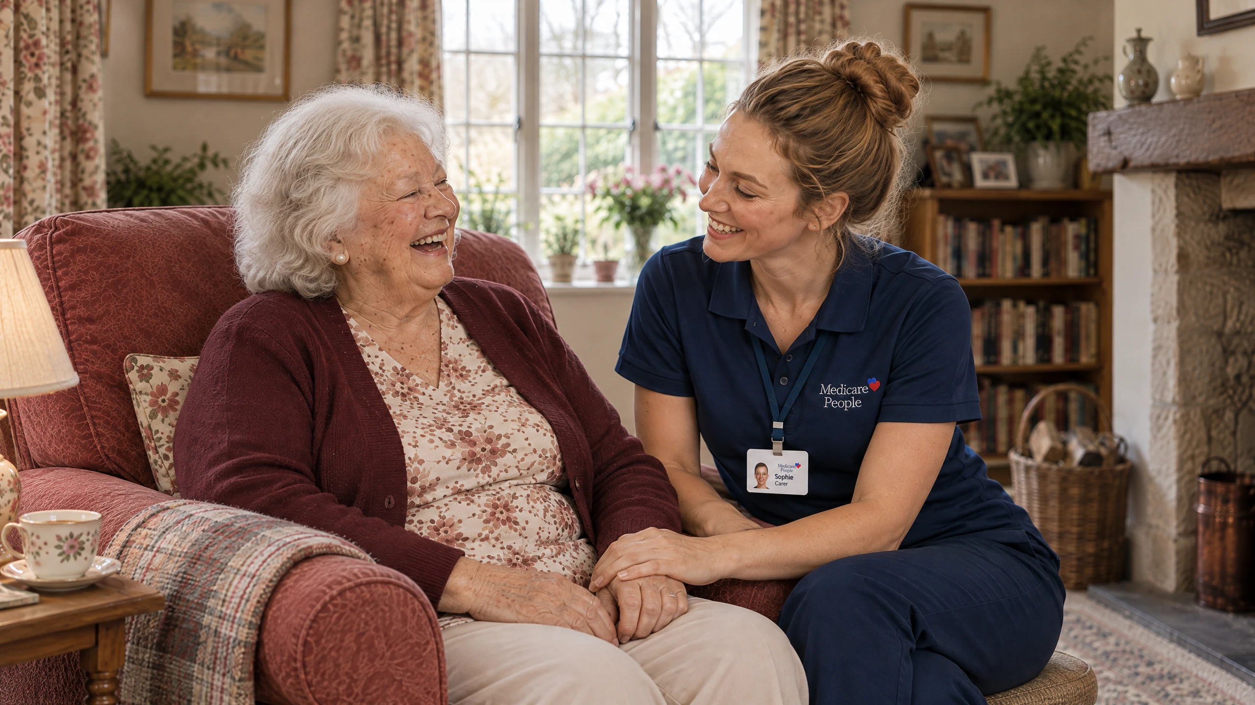 One-to-one Live-In Care in Tonbridge: a live-in carer and older woman laughing by the fire