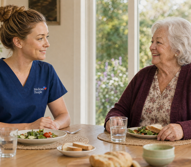 Carer offering companionship and mealtime support during Home Care in Kent Carer offering companionship and mealtime support during Home Care in Kent