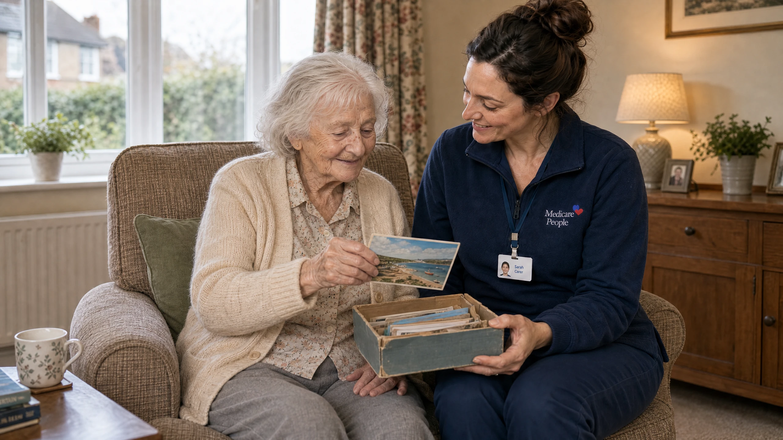 Live-in carer looking through a box of old photographs and postcards with an older woman