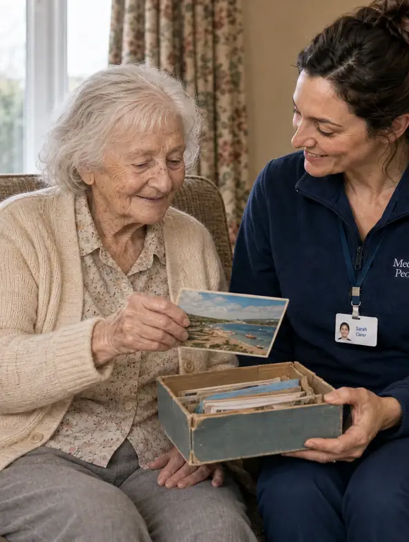 Live-in carer looking through a box of old photographs and postcards with an older woman Live-in carer looking through a box of old photographs and postcards with an older woman