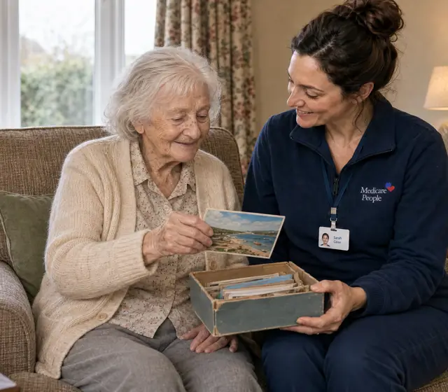 Live-in carer looking through a box of old photographs and postcards with an older woman Live-in carer looking through a box of old photographs and postcards with an older woman