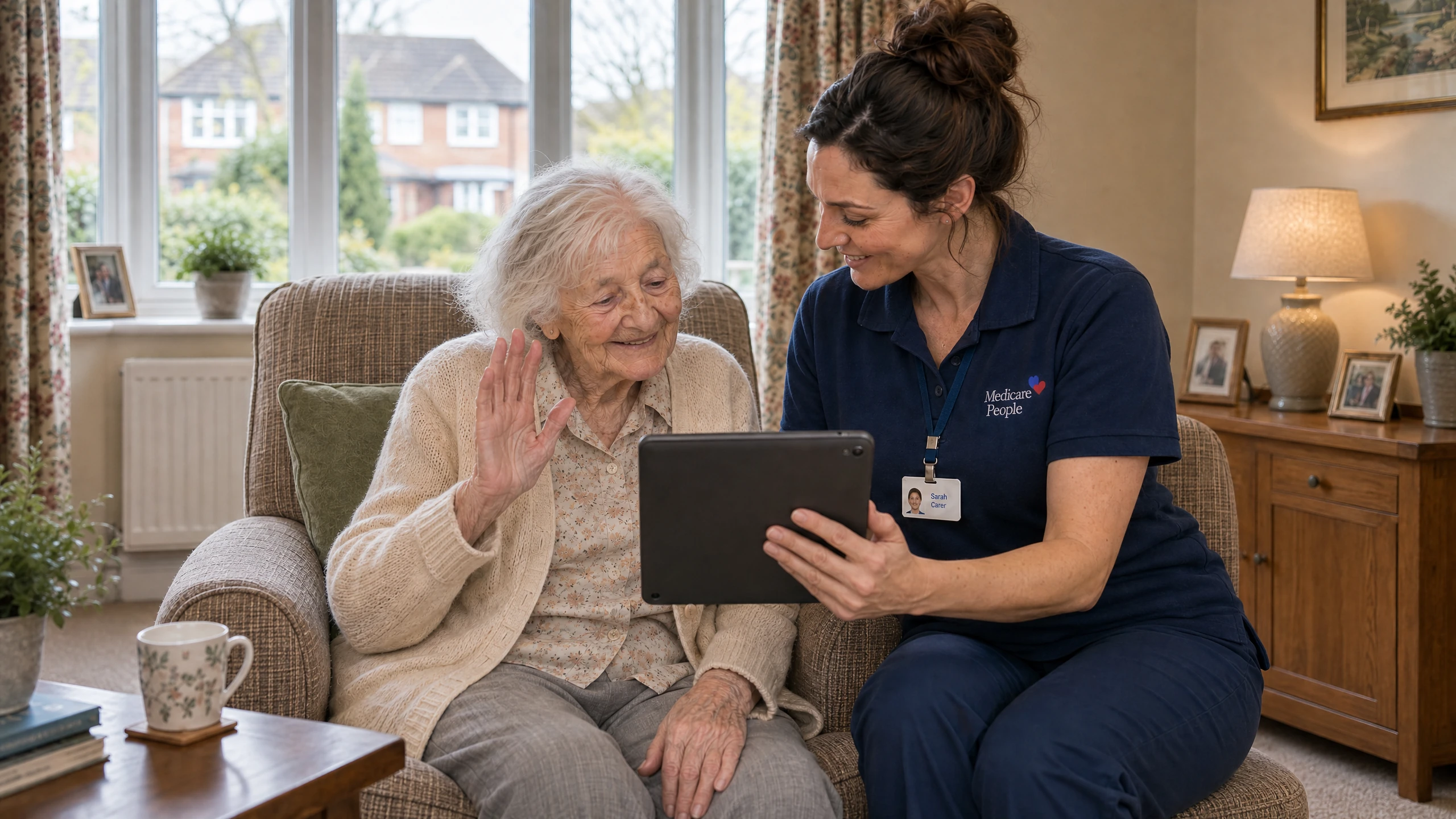 Live-in carer helping an older woman make a video call to family on a tablet