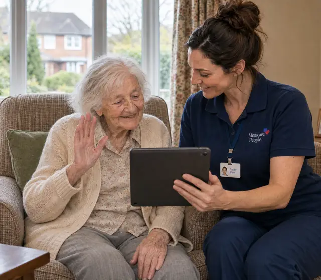 Live-in carer helping an older woman make a video call to family on a tablet Live-in carer helping an older woman make a video call to family on a tablet