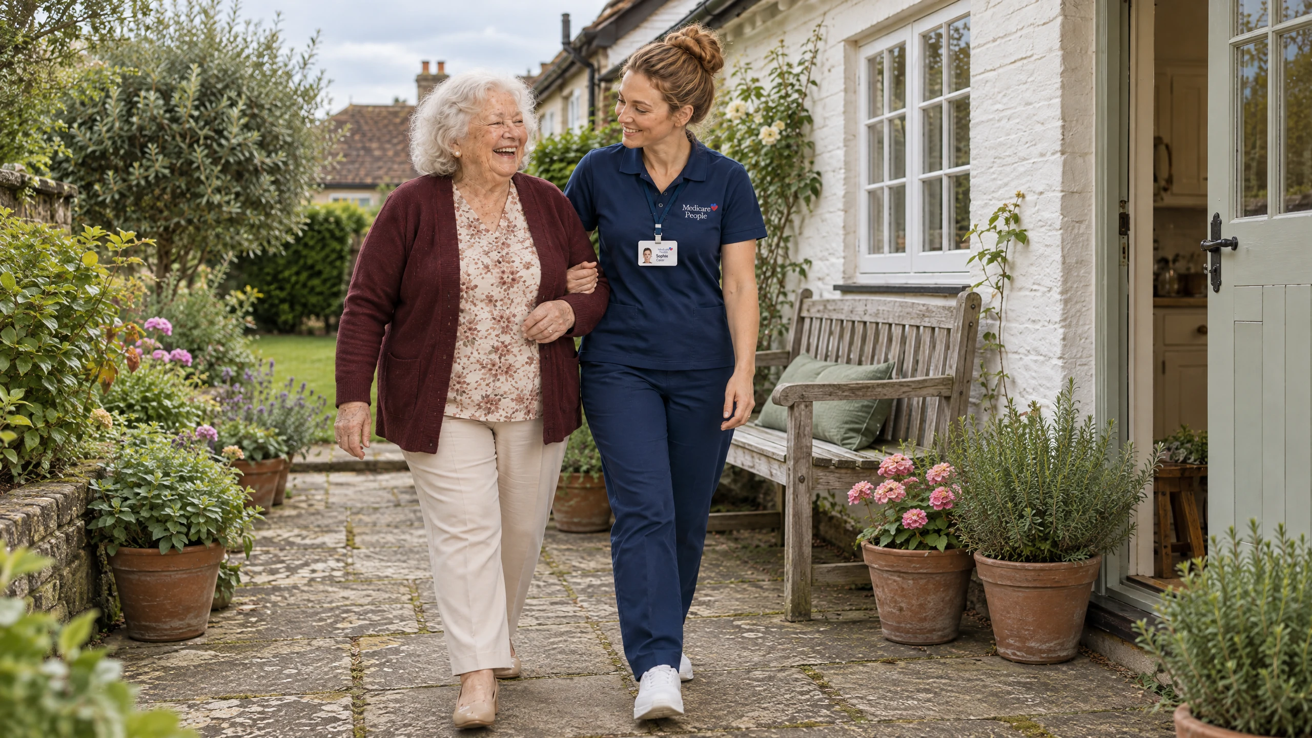 Live-in carer walking with an older woman outside her cottage