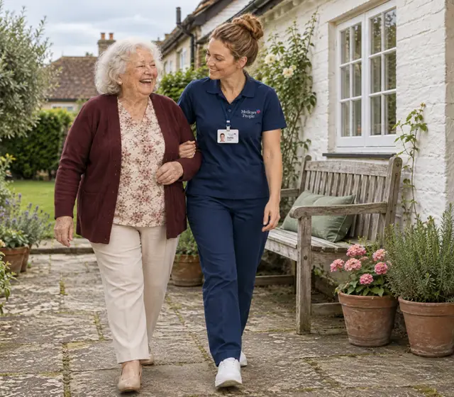 Live-in carer walking with an older woman outside her cottage Live-in carer walking with an older woman outside her cottage